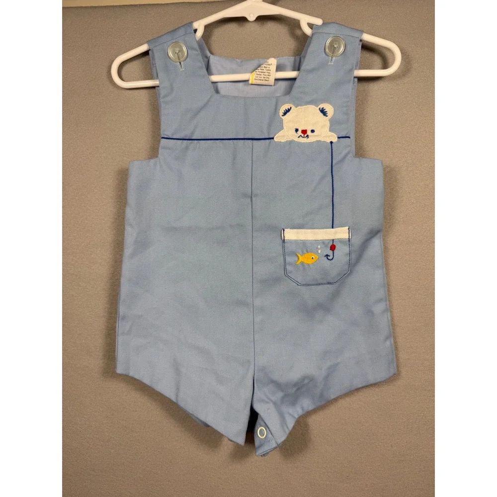 Vintage Baby Boy Blue Gingham Shirt and Fishing Bear Embroidered Romper Set 12M